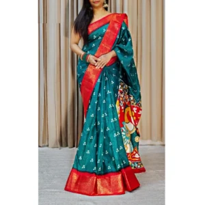 Women's Soft Dola Cotton Kalamkari Printed Saree With Unstitched Blouse 5.5Mtr (Blue) - Image 2