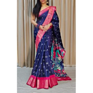 Women's Soft Dola Cotton Kalamkari Printed Saree With Unstitched Blouse 5.5Mtr (Navy Blue) - Image 2