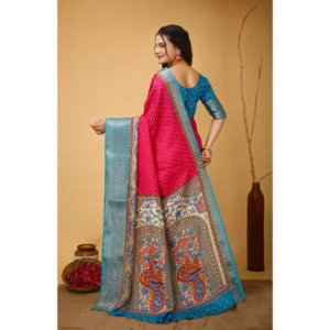 Women's Soft Dola Cotton Kalamkari Printed Saree With Unstitched Blouse 5.5Mtr (Pink) - Image 3