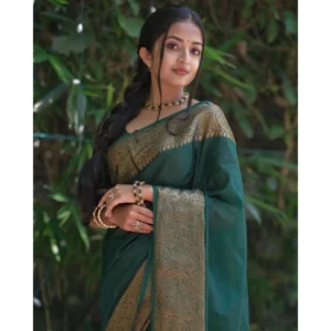 Women's Soft Lichi Silk Solid Saree With Unstitched Blouse 5.5Mtr (Green) - Image 3