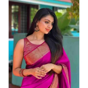 Women's Soft Lichi Silk Solid Saree With Unstitched Blouse 5.5Mtr (Pink) - Image 4