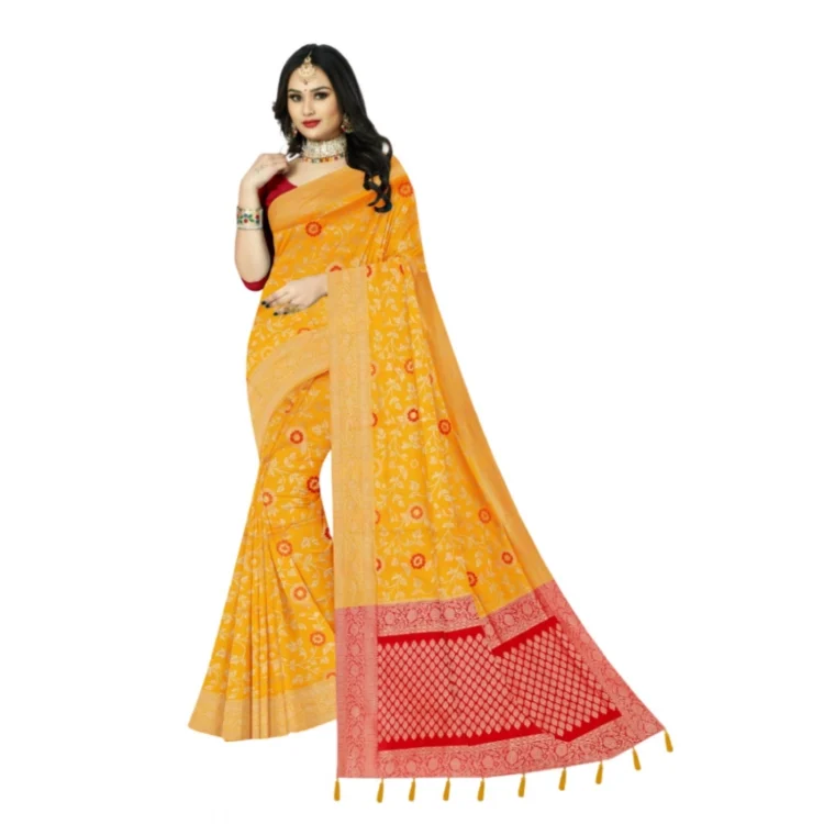 Women's Banarasi Printed Saree With Unstitched Blouse 5.5Mtr (Yellow)