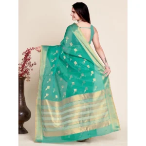 Women's Silk Blend Printed Banarasi Saree With Unstitched Blouse (5.5Mtr, Rama Green) - Image 2