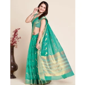 Women's Silk Blend Printed Banarasi Saree With Unstitched Blouse (5.5Mtr, Rama Green) - Image 3