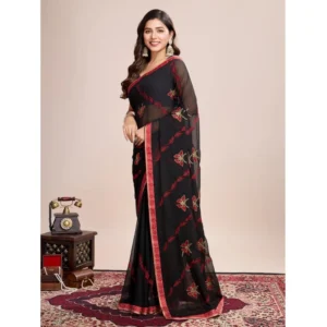 Women's Georgette Printed  Saree With Unstitched Blouse (5.5Mtr, Red) - Image 2