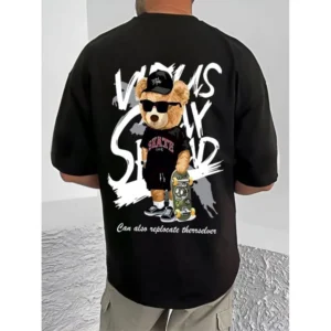 Men's Casual Cotton Blend Printed Round Neck Half Sleeve T-Shirt (Black) - Image 4