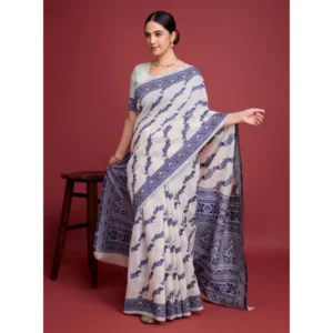Women's Jamdani Cotton Silk Printed Saree With Unstitched Blouse 5.5Mtr (Navy Blue) - Image 2