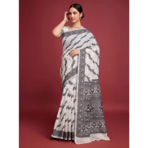 Women's Jamdani Cotton Silk Printed Saree With Unstitched Blouse 5.5Mtr (Black) - Image 4