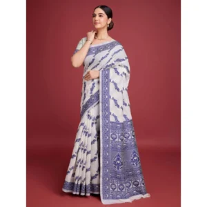 Women's Jamdani Cotton Silk Printed Saree With Unstitched Blouse 5.5Mtr (Navy Blue) - Image 3
