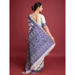 Women's Jamdani Cotton Silk Printed Saree With Unstitched Blouse 5.5Mtr (Navy Blue) - Image 4