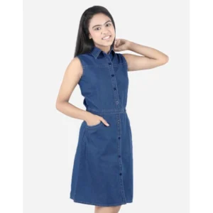 Girl's Denim Solid Sleeveless Shirt collar Dress (Blue) - Image 3