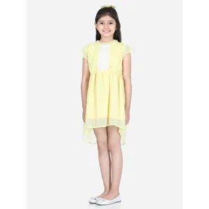 Girl's Polyester Solid Short Sleeve Round Neck Dress (Lemon Yellow) - Image 3