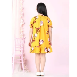 Girl's Polyester Crepe Floral Printed Slit Sleeve Round Neck Dress (Yellow-Red) - Image 3