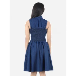 Girl's Denim Solid Sleeveless Shirt collar Dress (Blue) - Image 4