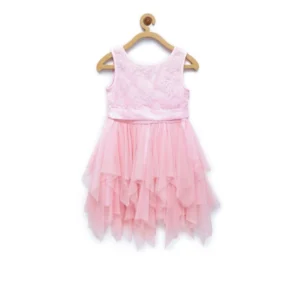 Girl's Polyester  Net Floral Printed Sleeveless Round Neck Dress (Light Pink) - Image 4