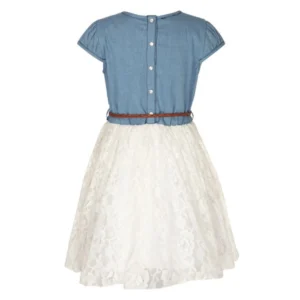 Girl's Denim Embroidery Short Sleeve Round Neck Dress (White) - Image 4