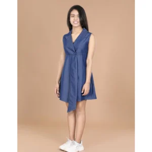 Girl's Denim Solid Sleeveless Shirt collar Dress (Blue) - Image 3