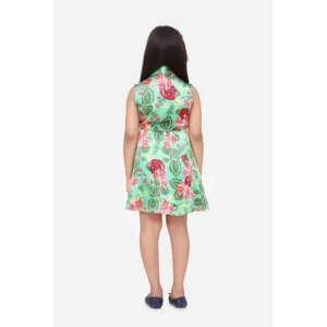 Girl's Satin Floral Printed Sleeveless Shirt Collar Dress (Multicolor) - Image 3