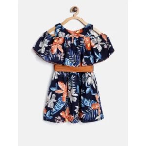 Girl's Polyester Crepe Floral Printed Bell Sleeve Cold Shoulder Neck Dress (Multicolor) - Image 4