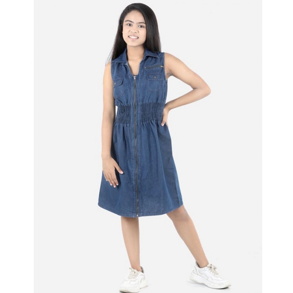 Girl's Denim Solid Sleeveless Shirt collar Dress (Blue)