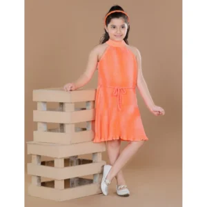 Girl's Polyester Crepe Printed Sleeveless Round Neck Dress (Orange) - Image 3