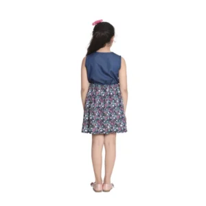 Girl's Denim-Rayon Floral Printed Sleeveless Round Neck Dress (Navy Blue) - Image 3