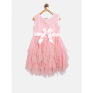 Girl's Polyester  Net Embroidered Sleeveless Round Neck Dress (Peach) - Image 4