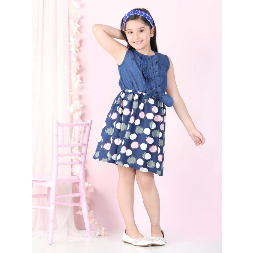 Girl's Denim  Rayon Printed Sleeveless Round Neck Dress (Blue)