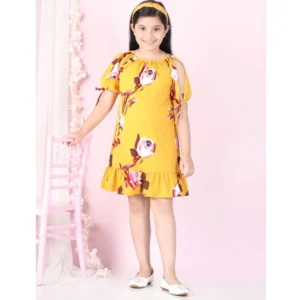 Girl's Polyester Crepe Floral Printed Slit Sleeve Round Neck Dress (Yellow-Red) - Image 4
