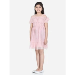 Girl's Polyester Net Embellished Short Sleeve Shoulder Straps Dress (Pink) - Image 3