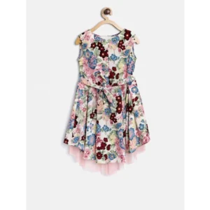 Girl's Polyester Crepe Printed Short Sleeve Round Neck Dress (Multicolor) - Image 4