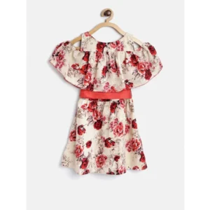 Girl's Polyester Crepe Printed Short Sleeve Cold Shoulder Neck Dress (Cream-Red) - Image 4