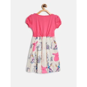 Girl's Cotton Printed Short Sleeve Round Neck Dress (Pink-White) - Image 3