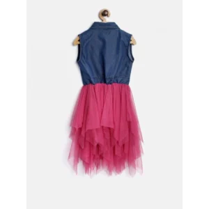 Girl's Polyester Crepe-Net Solid Shoulder Straps Shirt collar Dress (Blue-Pink) - Image 4