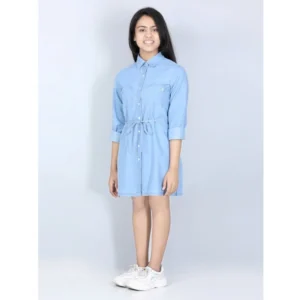 Girl's Denim Solid Long Sleeve Shirt collar Dress (Blue) - Image 3