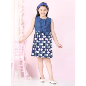 Girl's Denim  Rayon Printed Sleeveless Round Neck Dress (Blue) - Image 4