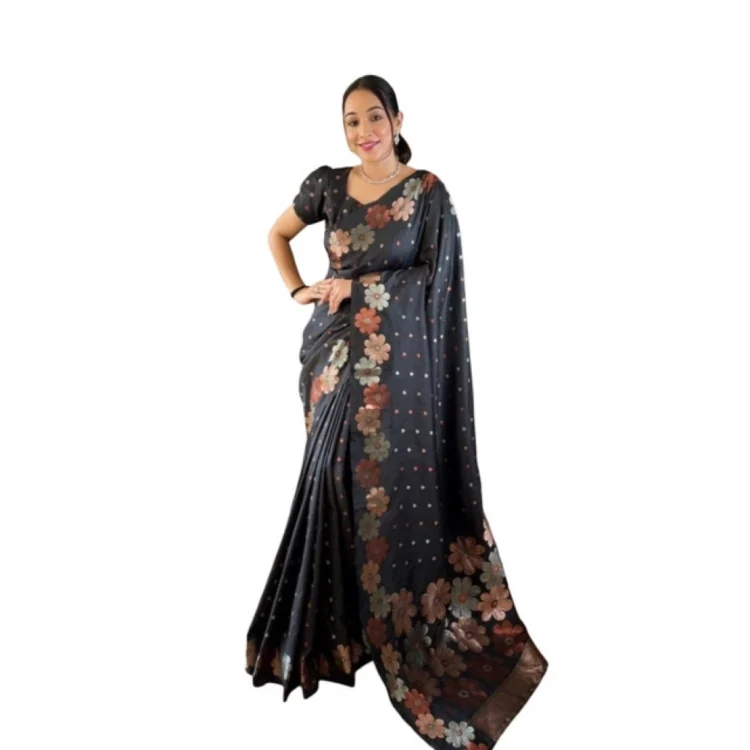 Women's Soft Litchi Silk Jacquard Work Saree With Unstitched Blouse 5.5Mtr (Navy Blue)