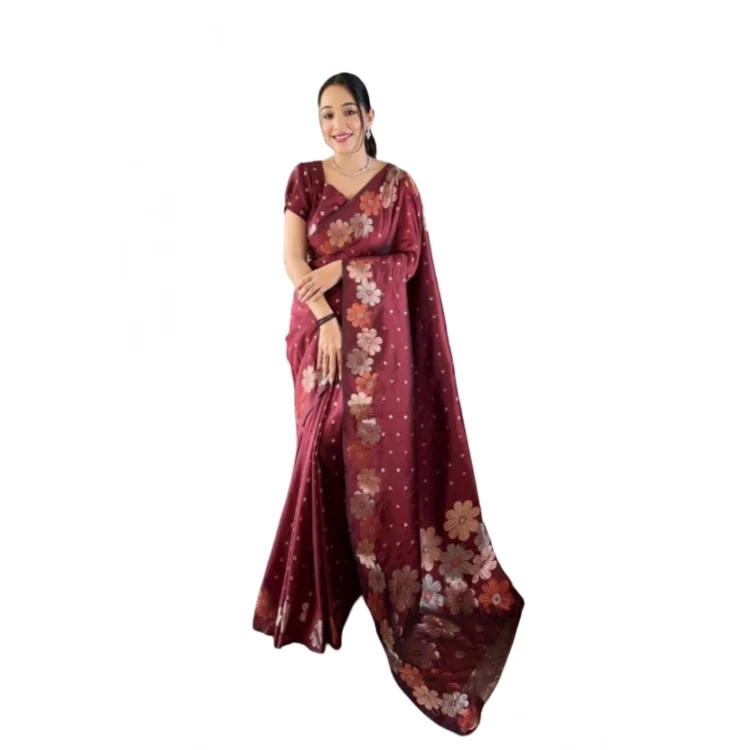 Women's Soft Litchi Silk Jacquard Work Saree With Unstitched Blouse 5.5Mtr (Maroon)