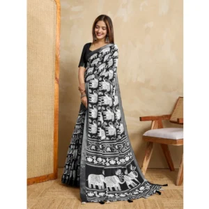 Women's Silk Blend Printed Saree With Unstitched Blouse 5.5Mtr (Black) - Image 4