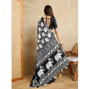 Women's Silk Blend Printed Saree With Unstitched Blouse 5.5Mtr (Black) - Image 3