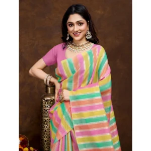Women's Cotton Blended Printed Saree With Unstitched Blouse 5.5Mtr (Pink) - Image 3