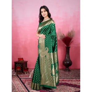 Women's Banarasi Silk Printed Saree With Unstitched Blouse 5.5Mtr (Green) - Image 4
