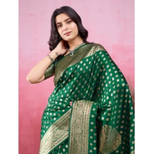 Women's Banarasi Silk Printed Saree With Unstitched Blouse 5.5Mtr (Green) - Image 2