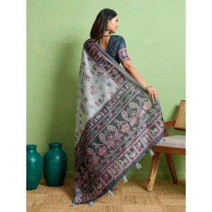 Women's Silk Blend Printed Saree With Unstitched Blouse 5.5Mtr (Grey) - Image 4