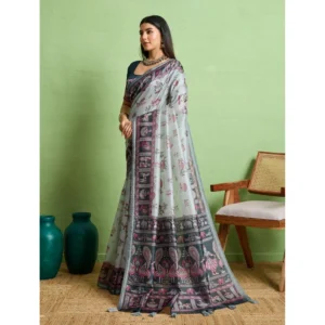 Women's Silk Blend Printed Saree With Unstitched Blouse 5.5Mtr (Grey) - Image 3