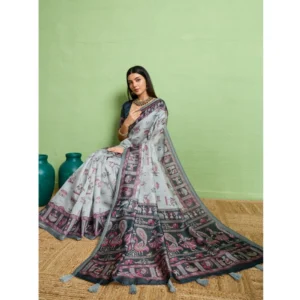 Women's Silk Blend Printed Saree With Unstitched Blouse 5.5Mtr (Grey) - Image 2