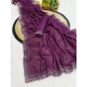 Women's Georgette Stone Work Saree With Unstitched Blouse 5.5Mtr (Purple) - Image 2