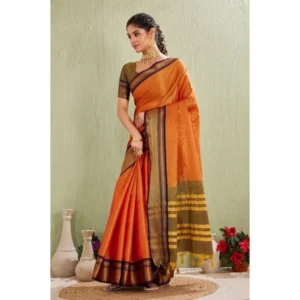 Women's Silk Blended Jaquard Woven Saree With Unstitched Blouse 5.5Mtr (Orange) - Image 4