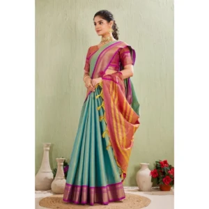 Women's Silk Blended Jaquard Woven Saree With Unstitched Blouse 5.5Mtr (Light Green) - Image 3