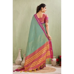 Women's Silk Blended Jaquard Woven Saree With Unstitched Blouse 5.5Mtr (Light Green) - Image 4